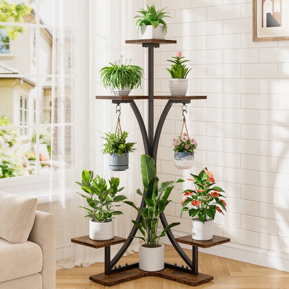 Corner Plant Stand Indoor Outdoor with 2 Hooks, BECOKOME 6-Tier L-Shaped Corner Plant Shelf for Multiple Plants, Metal Plant Rack for Living Room Balcony Patio, Rustic Brown(without Light)