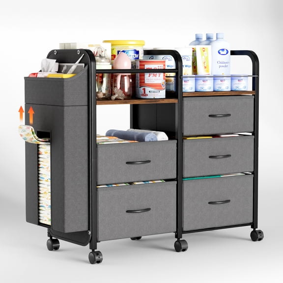 BECOKOME Baby Diaper Caddy Organizer Cart with 5 Drawers, 3 Tier Rolling Utility Cart with Wheels, Side Diaper Organizer, Wooden Top, Baby Organizer and Storage for Nursery Bedroom Newborn Essentials