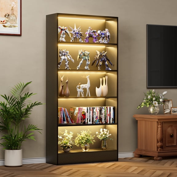BECOKOME Large Bookshelf with LED Lights, 65" Tall Bookcase Storage Shelf, 5 Tier RGB Lighted Display Shelf with Remote and APP Control, Modern Black Bookshelf for Home