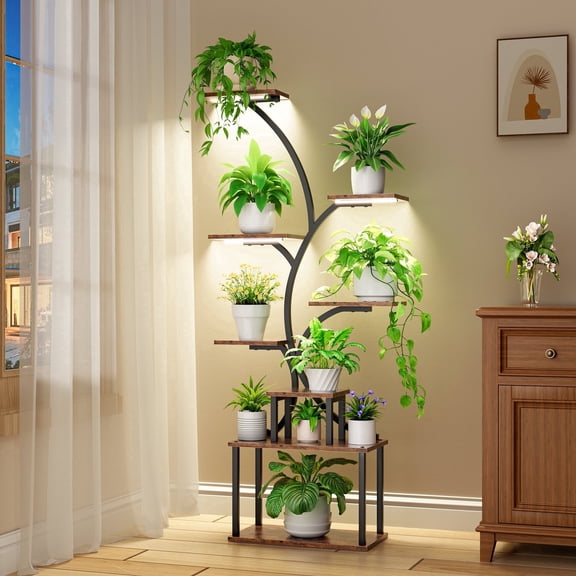 Indoor Plant Stand with Grow Lights, BECOKOME 8 Tier Plant Shelf for Indoor, 62.2'' Tall Corner Metal Plant Display Rack Holder Flower Stand