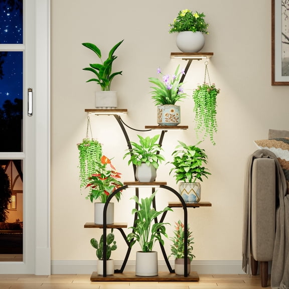Plant Stand Indoor with Grow Lights, BECOKOME 7 Tier 50'' Tall Metal Plant Shelf Corner Plant Stand for Indoor Plants Lighted Plant Rack for Living Room, Black