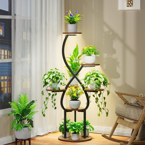 BECOKOME Plant Stand Indoor with Grow Lights, 7 Tiered Tall Metal Plant Shelf, 48.03'' Heart Shaped Corner Plant Stand for Indoor Plants, Plant Rack for Living Room, Office & Patio Decor