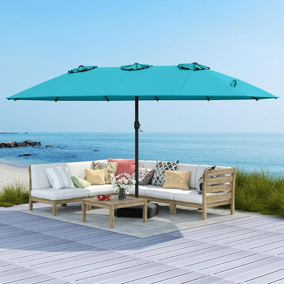 BECOMFORT 15Ft Large Double Side Patio Umbrella w/Base Included, Extra Large Outdoor Umbrella w/ 12 Metal Ribs, Air Vents, Crank System & Sand Bags, Twin Umbrella For Garden Backyard Pool (Turquoise)
