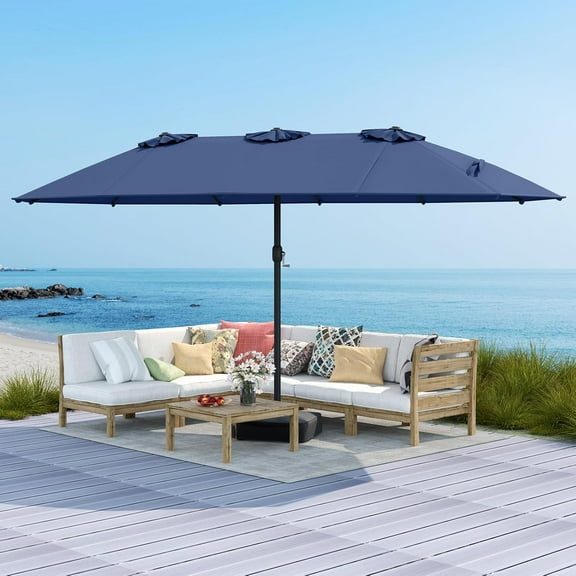 BECOMFORT 15Ft Large Double Side Patio Umbrella w/Base Included, Extra Large Outdoor Umbrella w/ 12 Metal Ribs, Air Vents, Crank System & Sand Bags, Twin Umbrella For Garden Backyard Pool (Navy)