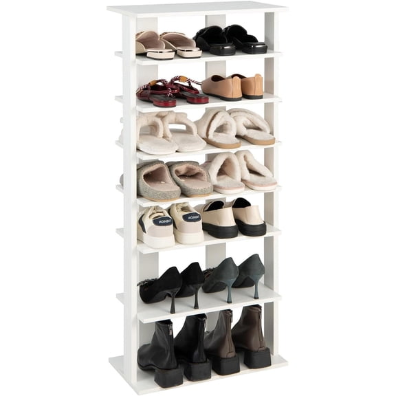 BECOMFORT 7 Tier Vertical Shoe Rack, Wooden Freestanding Narrow Slim Storage for 14 Pairs, Customizable Height, Space Saving for Entryway, Hallway (White, Large)