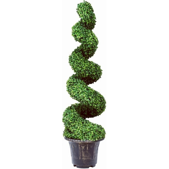 BECOMFORT Artificial Boxwood Spiral Topiary Tree, 4 FT Faux Outdoor Trees for Porch, Cement Pot, Real Rattan, Sun-Proof Potted Spiral Green Plants for Home Office Shop Decor (Pack of 1)