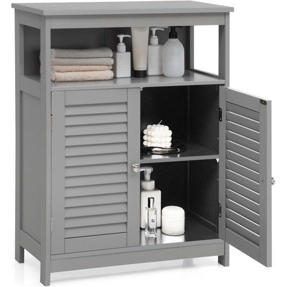 BECOMFORT Bathroom Storage Cabinet, Freestanding Bathroom Storage Organizer w/Double Shutter Doors & Adjustable Shelf, Multipurpose Wooden Floor Cabinet for Bathroom, Living Room, Entryway (Grey)