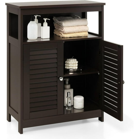 BECOMFORT Bathroom Storage Cabinet, Freestanding Bathroom Storage Organizer w/Double Shutter Doors & Adjustable Shelf, Multipurpose Wooden Floor Cabinet for Bathroom, Living Room, Entryway (Brown)