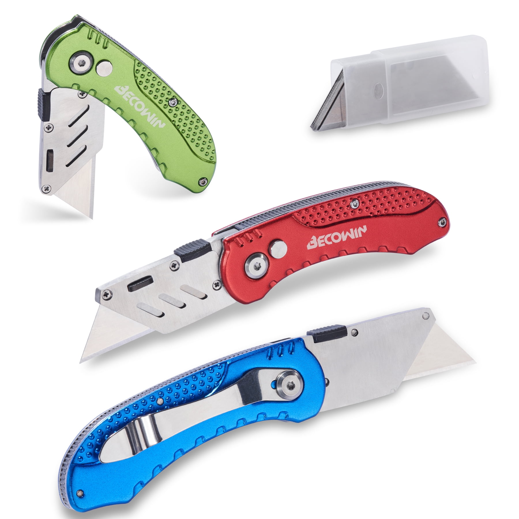 BECOWIN 3Pack Folding Utility Knife, Stainless Steel Box Cutter with Quick Change Blade and