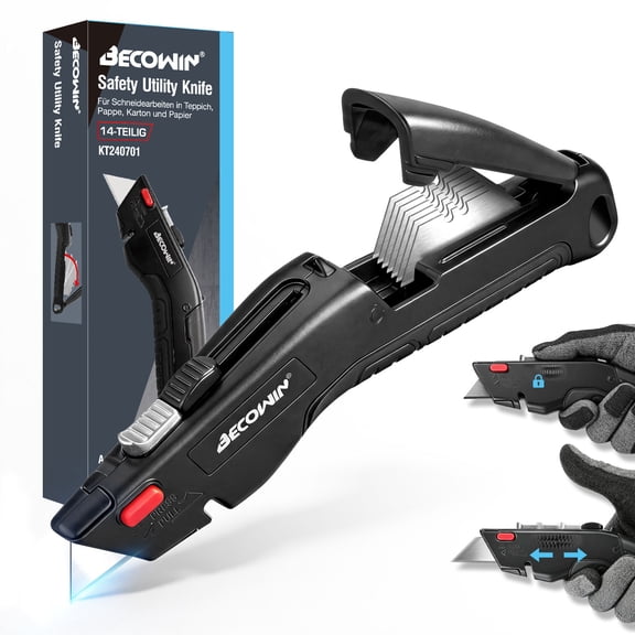 BECOWIN Safety Utility Knife, Auto-Retractable Box Cutter with Retractable Blade, 14-Piece Set with Extra Blades, Black