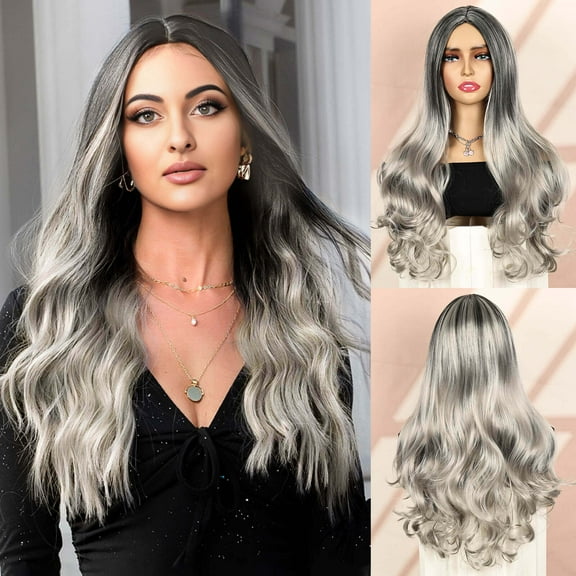 BECUS Curly Wigs for Women 26'',Long Grey Wig Water Wave,Synthetic Wig for Party