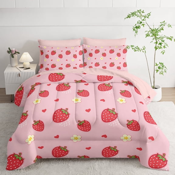 BEDCLUB Cute Strawberry Full Comforter Set,Light Cute Pink Strawberry Bedding Set 7 Piece in A Bag,Bed Sheet Set Cute Strawberries and Flowers Decor,Microfiber Lightweight All Season
