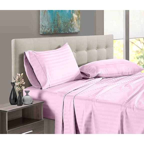 BEDDING BEGS - 7 Piece Sheet Set-100% Egyptian Cotton, 14" Deep Pocket, 300 Thread Count Long Staple Sheet Set-Pink Stripe, Full Size