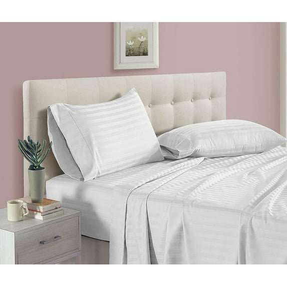 BEDDING BEGS - 7 Piece Sheet Set-100% Egyptian Cotton, 14" Deep Pocket, 300 Thread Count Long Staple Sheet Set-White Stripe, Olympic Queen Size