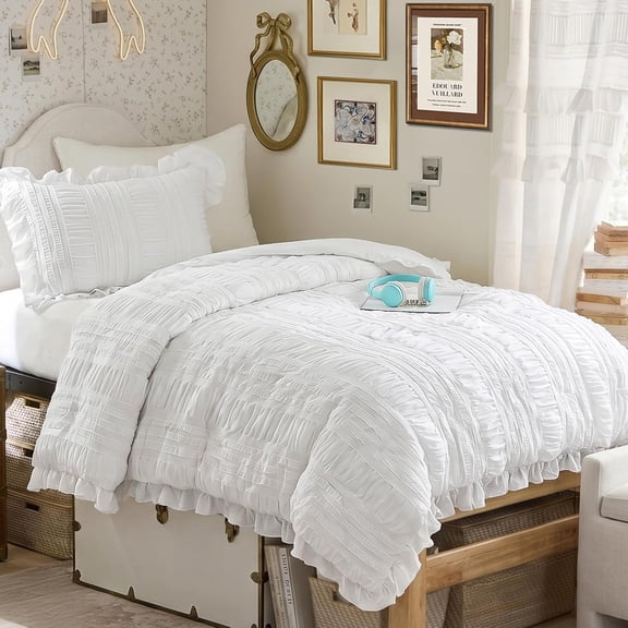 BEDDING White Comforter Set, Pieces Ruffle Farmhouse Shabby Chic Boho Comforter for King Bed,Soft Textured Bedding Set with  Ruffle Comforter,Tufted Pillowcases
