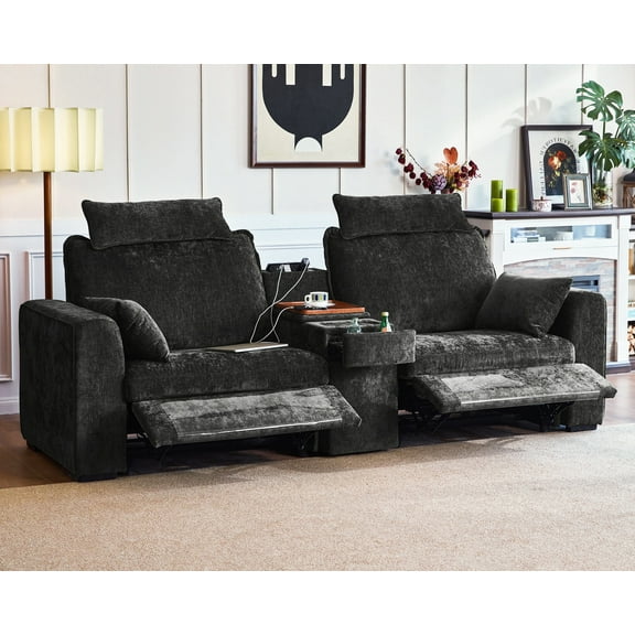 BEDEEP 103'' Power Reclining Loveseat Sofa with Console, Chenille 2-Seater Recliner Sofa with Wireless Charger, USB, Cup Holder, Headrest, Drawer for Living Room RV, Black