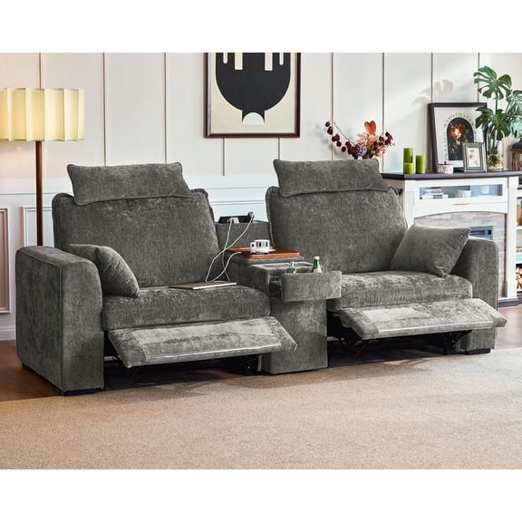 BEDEEP 103'' Power Reclining Loveseat Sofa with Console, Chenille 2-Seater Recliner Sofa with Wireless Charger, USB, Cup Holder, Headrest, Drawer for Living Room RV, Gray