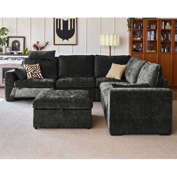 BEDEEP 120'' Power Recliner Sofa with Headrest Console, Modular Cloud Sectional Chenille Reclining Couch with Storage Ottoman Chaise, Convertible 6-Seater Sofa Couch for Living Room RV, Black