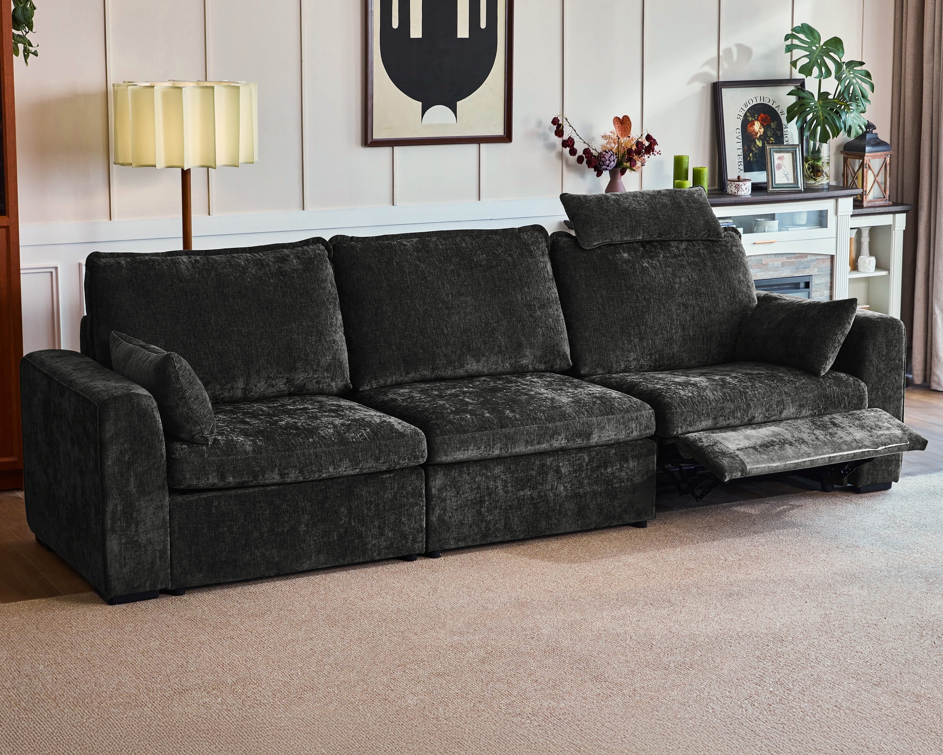 BEDEEP 125'' Power Recliner Sofa with Headrest, Modular Cloud Sectional Chenille Reclining Couch, Convertible 3-Seater Sofa Couch for Living Room RV, Black