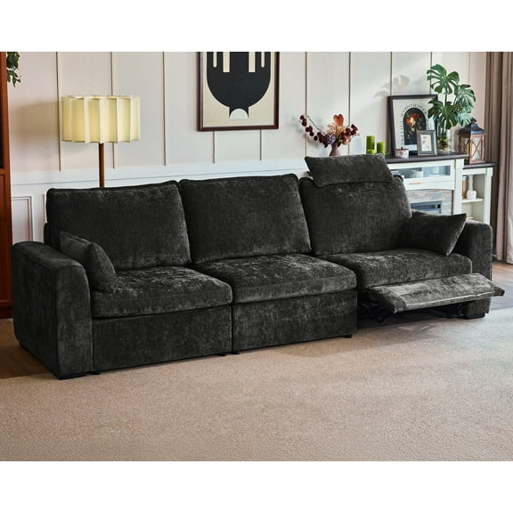 BEDEEP 125'' Power Recliner Sofa with Headrest, Modular Cloud Sectional Chenille Reclining Couch, Convertible 3-Seater Sofa Couch for Living Room RV, Black