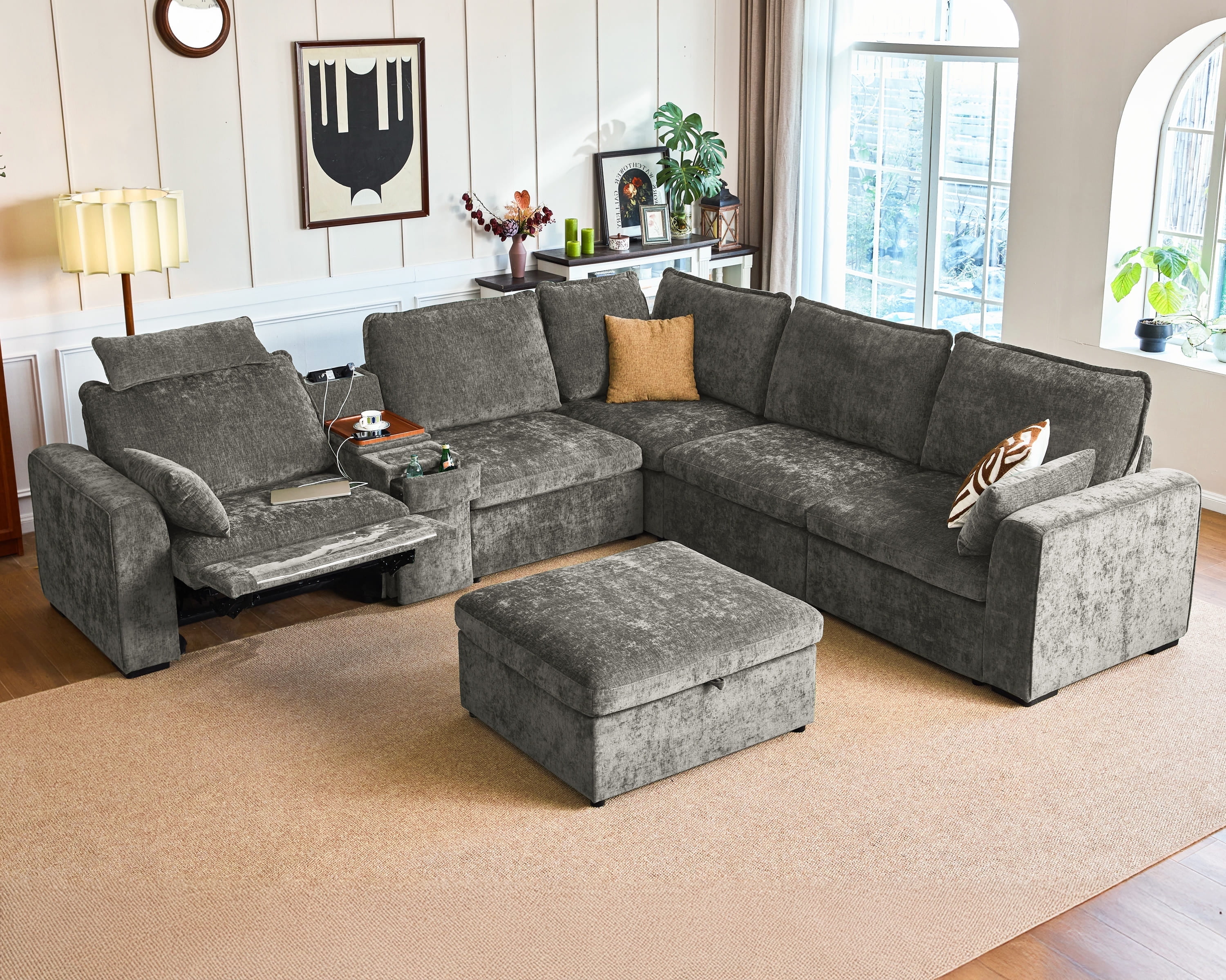 BEDEEP 133.9'' Power Recliner Sofa with Headrest Console, Modular Cloud Sectional Chenille Reclining Couch with Storage Ottoman Chaise, Convertible 6-Seater Sofa Couch for Living Room RV, Gray