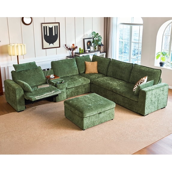 BEDEEP 133.9'' Power Recliner Sofa with Headrest Console, Modular Cloud Sectional Chenille Reclining Couch with Storage Ottoman Chaise, Convertible 6-Seater Sofa Couch for Living Room RV, Green