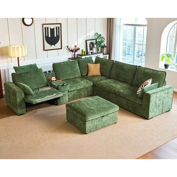 BEDEEP 133.9'' Power Recliner Sofa with Headrest Console, Moduar Cloud Sectional Chenille Reclining Couch with Storage Ottoman Chaise, Convertible 6-Seater Sofa Couch for Living Room RV, Green