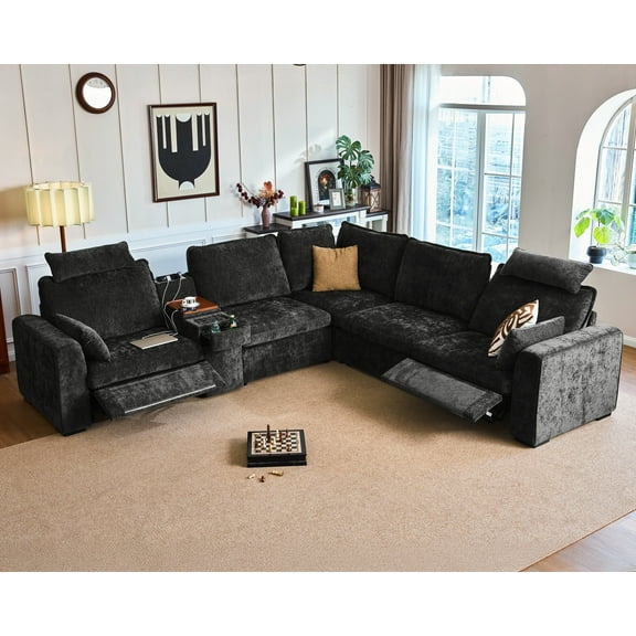 BEDEEP 134'' Power Recliner Sofa with Headrest Console, Moduar Cloud Sectional Chenille Reclining Couch with Charging Station, Convertible 5-Seater Sofa Couch for Living Room RV, Black