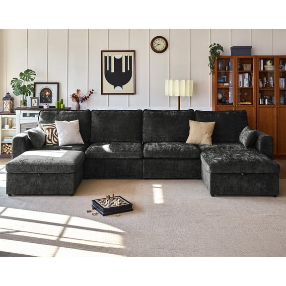 BEDEEP 160.6'' Modular Sectional Sofa with Storage Ottoman, U Shaped Chenille Cloud Couch, Convertible 6-Seater Sofa with Chaise for Living Room, Black