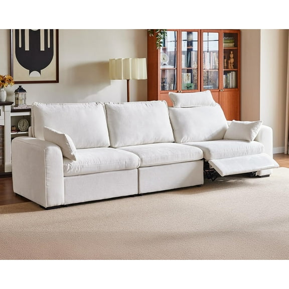 BEDEEP 125'' Power Recliner Sofa with Headrest, Moduar Cloud Sectional Chenille Reclining Couch, Convertible 3-Seater Sofa Couch for Living Room RV, White