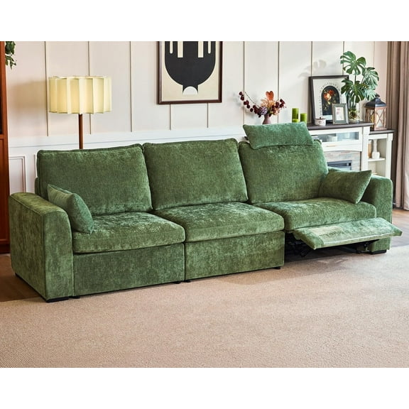 BEDEEP 125'' Power Recliner Sofa with Headrest, Modular Cloud Sectional Chenille Reclining Couch, Convertible 3-Seater Sofa Couch for Living Room RV, Green