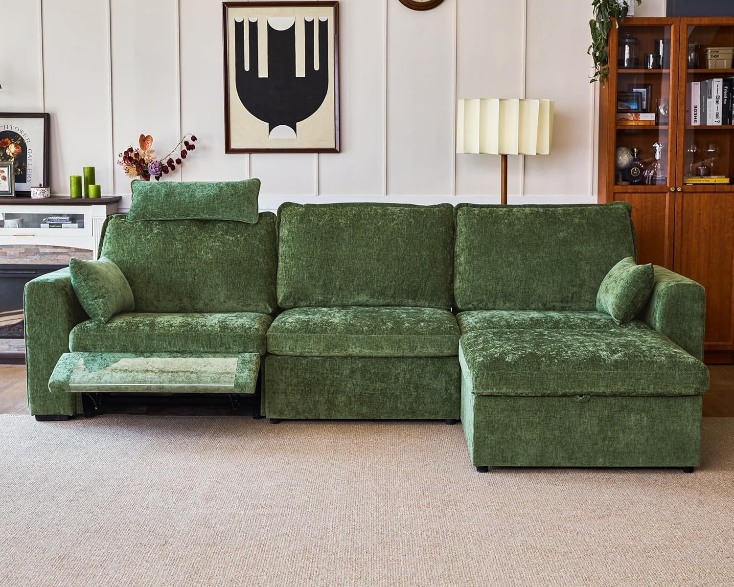 BEDEEP 125'' Power Recliner Sofa with Headrest, Modular Cloud Sectional Chenille Reclining Couch with Storage Ottoman Chaise, Convertible 4-Seater Sofa Couch for Living Room RV, Green