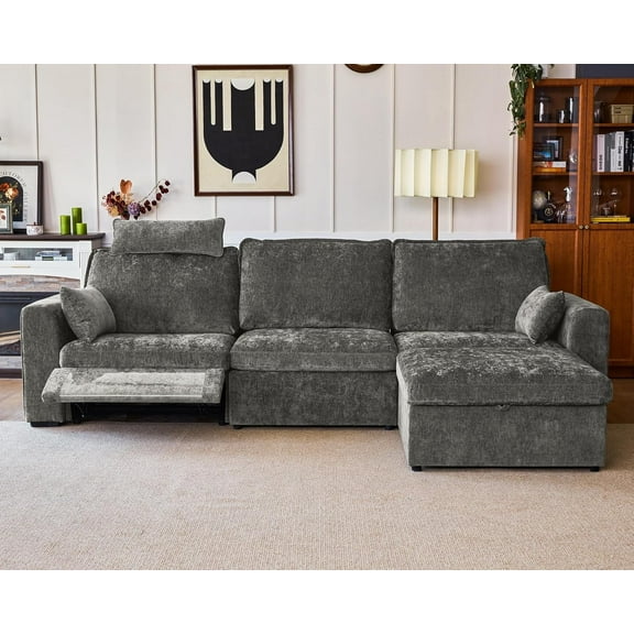 BEDEEP 125'' Power Recliner Sofa with Headrest, Modular Cloud Sectional Chenille Reclining Couch with Storage Ottoman Chaise, Convertible 4-Seater Sofa Couch for Living Room RV, Gray