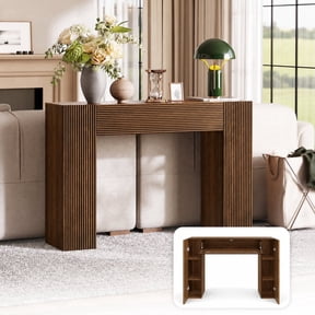 BEDEEP 43" Fluted Console Table with Hidden Storage, 12" Deep Narrow Sofa Table Behind Couch, Farmhouse Wood Entry Table with Adjustable Shelves for Living Room, Hallway, Walnut