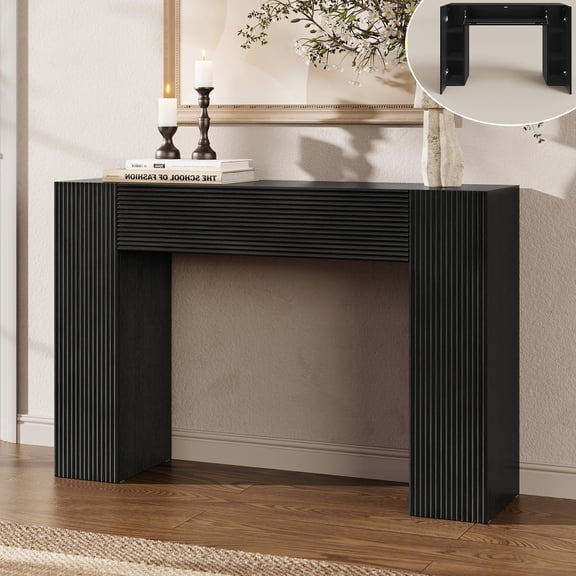 BEDEEP 43" Fluted Console Table with Hidden Storage, 12" Deep Narrow Sofa Table Behind Couch, Modern Wood Entry Table with Adjustable Shelves for Living Room, Hallway, Black
