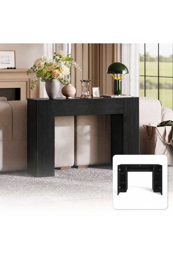43" Fluted Console Table with Hidden Storage, 12" Deep Narrow Sofa Table Behind Couch, Modern Wood Entry Table with Adjustable Shelves for Living Room, Hallway, Black