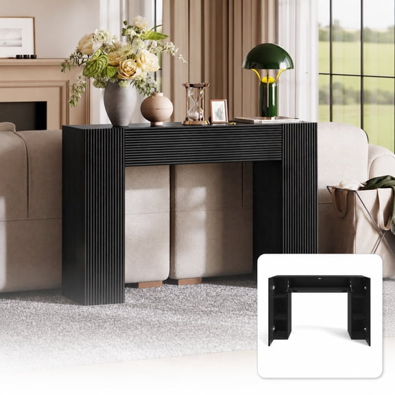 BEDEEP 43" Fluted Console Table with Hidden Storage, 12" Deep Narrow Sofa Table Behind Couch, Modern Wood Entry Table with Adjustable Shelves for Living Room, Hallway, Black