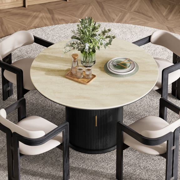BEDEEP 43" Round Dining Table for 2-4 with Storage, Large Travertine Dining Table with Sintered Stone Top, Modern Pedestal Fluted Kitchen Table, BLack