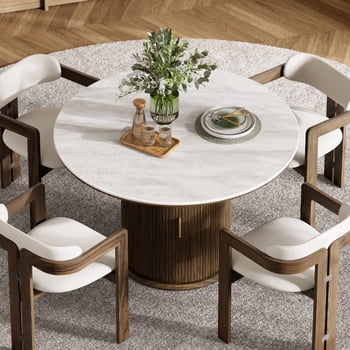 BEDEEP 43" Round Dining Table for 2-4 with Storage, Small Travertine Dining Table with Sintered Stone Top, Farmhouse Pedestal Fluted Kitchen Table, Walnut