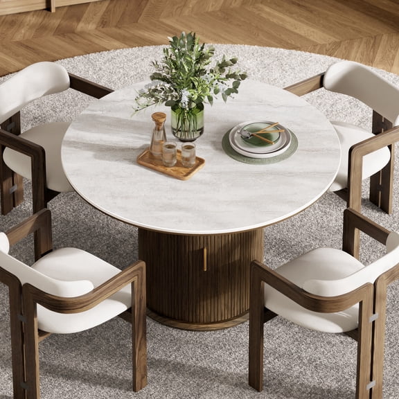 BEDEEP 43" Round Dining Table for 2-4 with Storage, Small Travertine Dining Table with Sintered Stone Top, Farmhouse Pedestal Fluted Kitchen Table, Walnut