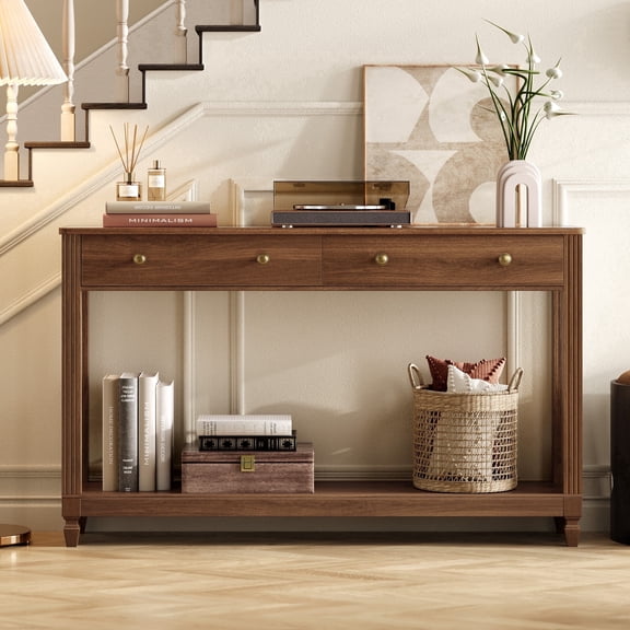 BEDEEP 55" Console Table with 2 Drawers, Narrow Long Sofa Table Behind Couch with Storage Shelf, Farmhouse Fluted Wood Entryway Table for Hallway, Living Room, Walnut