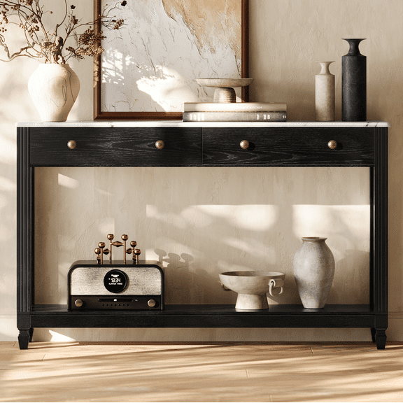 BEDEEP 55" Console Table with 2 Drawers, Marble Sofa Table Behind Couch with Storage Shelf, Modern Fluted Wood Entryway Table for Hallway, Living Room, Black