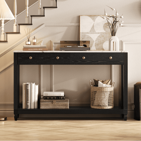 BEDEEP 55" Console Table with 2 Drawers, Marble Sofa Table Behind Couch with Storage Shelf, Modern Fluted Wood Entryway Table for Hallway, Living Room, Black