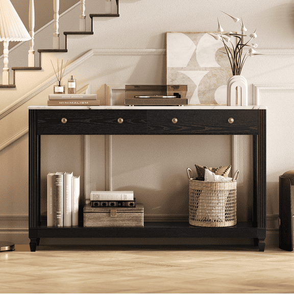 BEDEEP 55" Console Table with 2 Drawers, Marble Sofa Table Behind Couch with Storage Shelf, Modern Fluted Wood Entryway Table for Hallway, Living Room, Black
