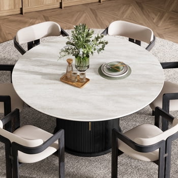 BEDEEP 55" Round Dining Table for 6 with Storage, Large Travertine Dining Table with Sintered Stone Top, Modern Pedestal Fluted Dining Room Table, Black