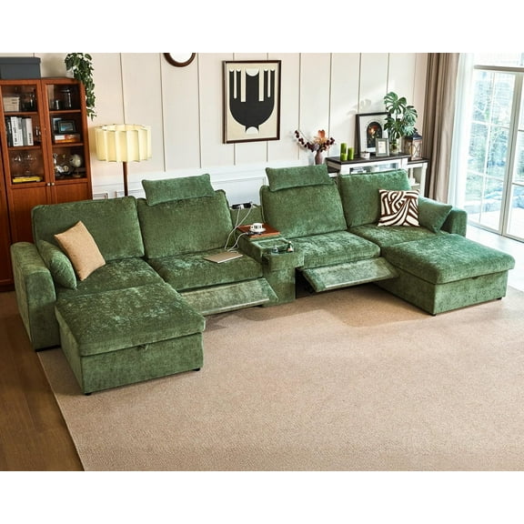 BEDEEP 174.4'' Power Recliner Sofa with Headrest Console, Moduar Cloud Sectional Chenille Reclining Couch with Storage Ottoman Chaise, Convertible 6-Seater Sofa Couch for Living Room RV, Green