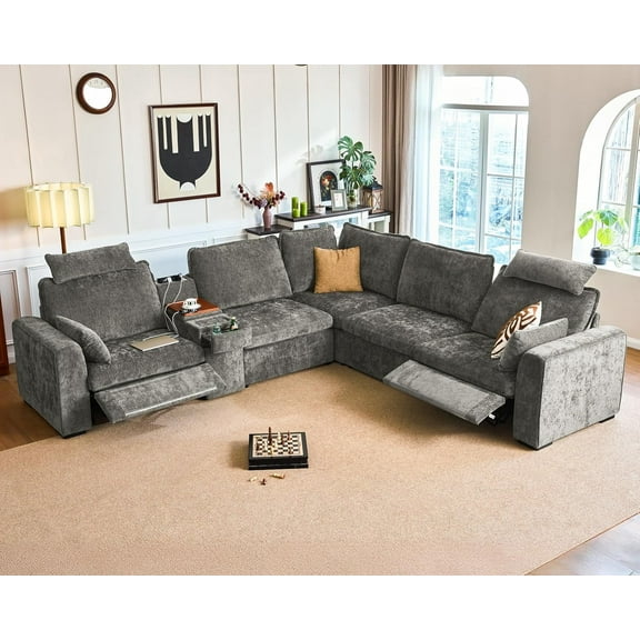 BEDEEP 134'' Power Recliner Sofa with Headrest Console, Modular Cloud Sectional Chenille Reclining Couch with Charging Station, Convertible 5-Seater Sofa Couch for Living Room RV, Gray
