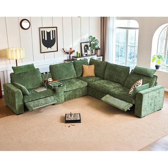 BEDEEP 134'' Power Recliner Sofa with Headrest Console, Modular Cloud Sectional Chenille Reclining Couch with Charging Station, Convertible 5-Seater Sofa Couch for Living Room RV, Green