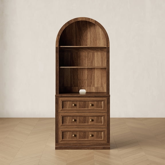 BEDEEP 77" Arched Storage Cabinet with Hutch, Kitchen Pantry Cabinet with Drawers & Shelves, Bookcase Storage Cabinet, Buffet Sideboard Coffee Bar Cabinet for Living Room, Walnut