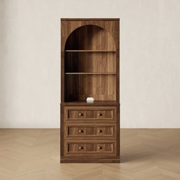BEDEEP 77" Tall Storage Cabinet with Hutch, Kitchen Pantry Cabinet with Drawers & Shelves, Bookcase Storage Cabinet, Buffet Sideboard Coffee Bar Cabinet for Living Room, Walnut